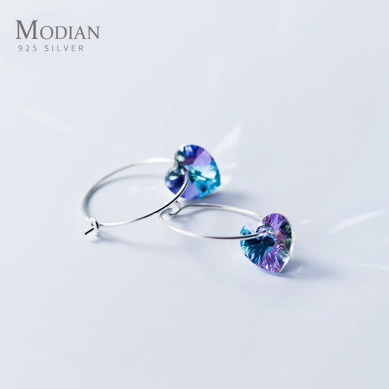 Pendientes de aro Modian con cristales azules brillantes para mujer, diseño clásico de corazón en plata de ley 925, joyería de lujo, accesorios para mujer
