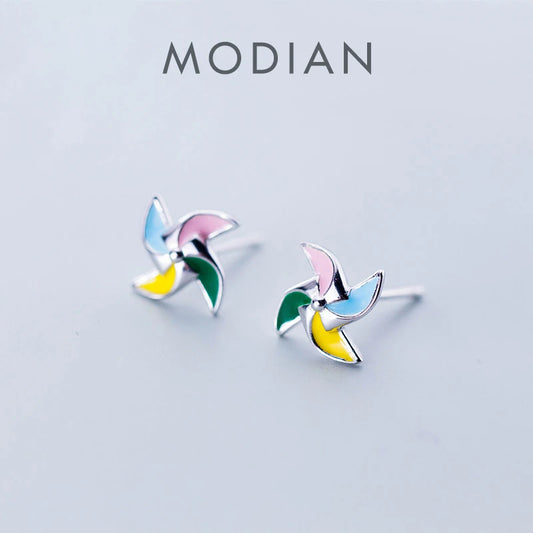 Pendientes Modian con diseño de molino de viento de la suerte, esmaltados en varios colores, para mujer, 100 % plata de ley 925, joyería fina para mujer.