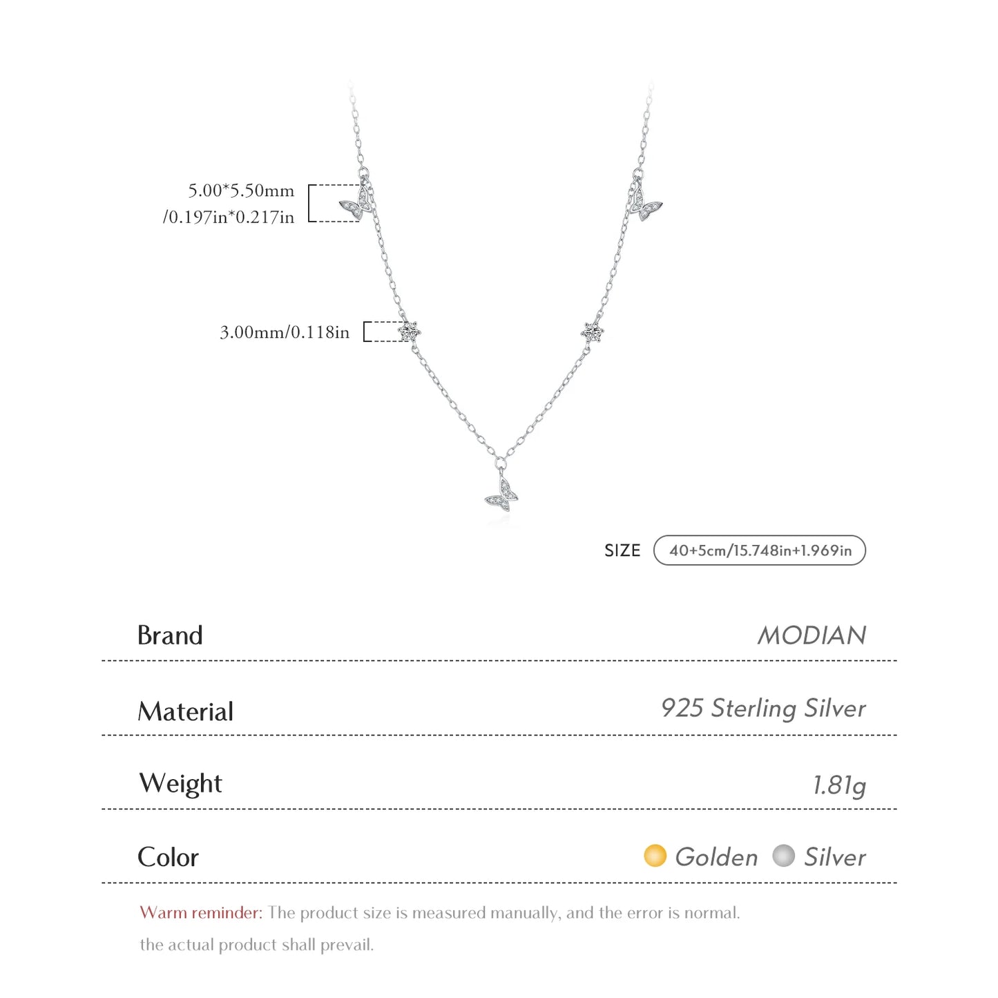 MODIAN Flying Butterfly CZ Necklace 925 Sterling Silver Simple Link Chain Charms White Gold Plated Necklaces For Women Jewelry