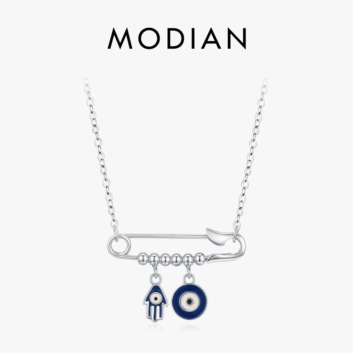 MODIAN 925 Sterling Silver Blue Enamel Eyes & Palm Charms Pendant Necklace Pin Beads Link Chian Necklaces For Women Jewelry Gift