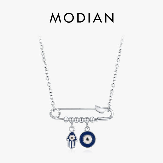 MODIAN 925 Sterling Silver Blue Enamel Eyes & Palm Charms Pendant Necklace Pin Beads Link Chian Necklaces For Women Jewelry Gift