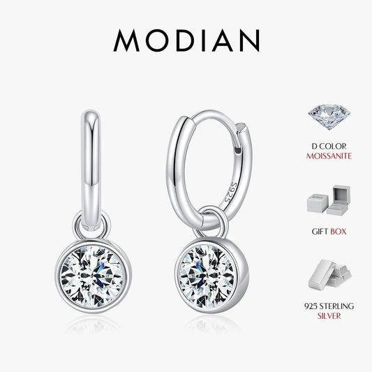 Pendientes de aro MODIAN de moissanita de color D de 1CT/2CT con hebilla de oreja de plata de ley 925, redondos y altos, para mujer, joyería fina de uso diario.