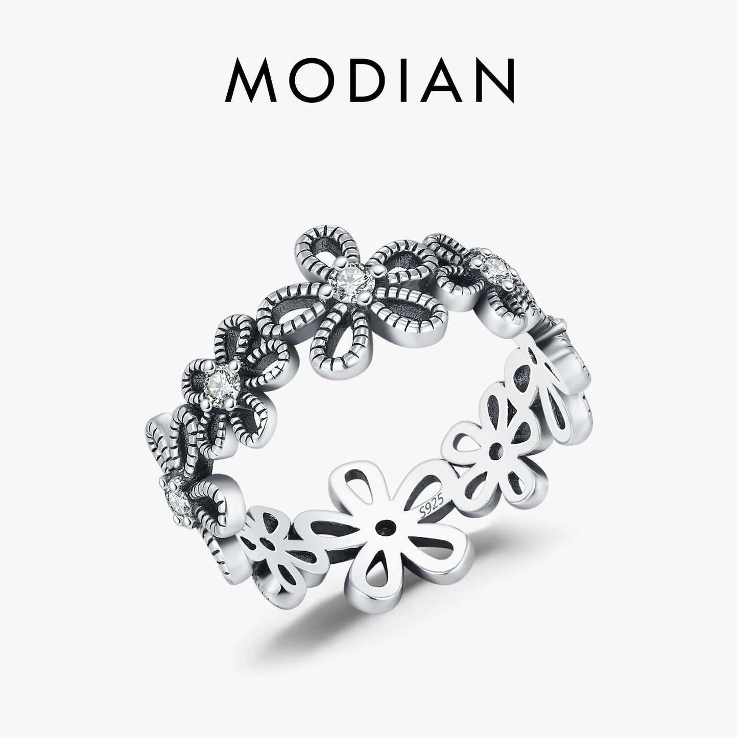 MODIAN 925 Sterling Silver Vintage Hollow Small Flower Sparkling Zirconia Eternity Band Rings For Women Fine Jewelry