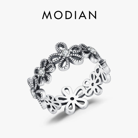 MODIAN 925 Sterling Silver Vintage Hollow Small Flower Sparkling Zirconia Eternity Band Rings For Women Fine Jewelry