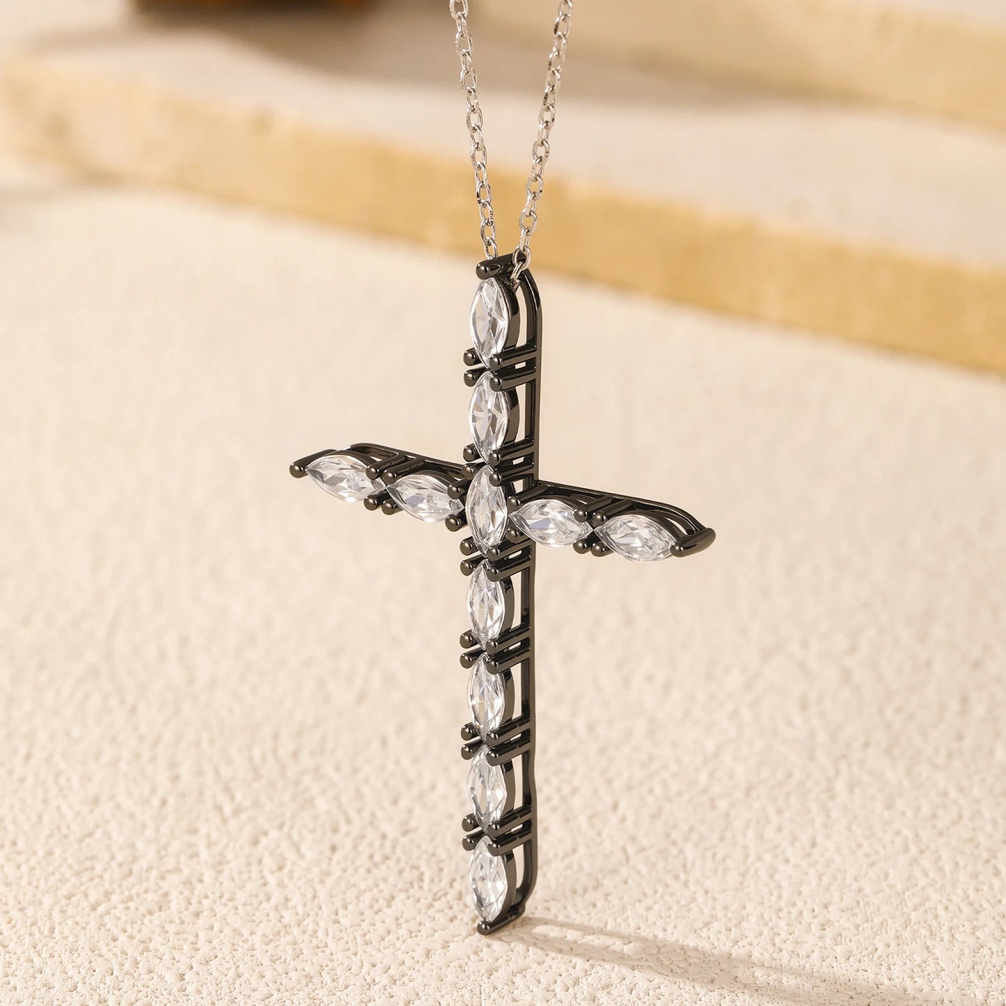 MODIAN 925 Sterling Silver Marquise Cut Zirconia Necklace Retro Black Cross Big Pendant Necklace For Women Fine Jewelry Gift