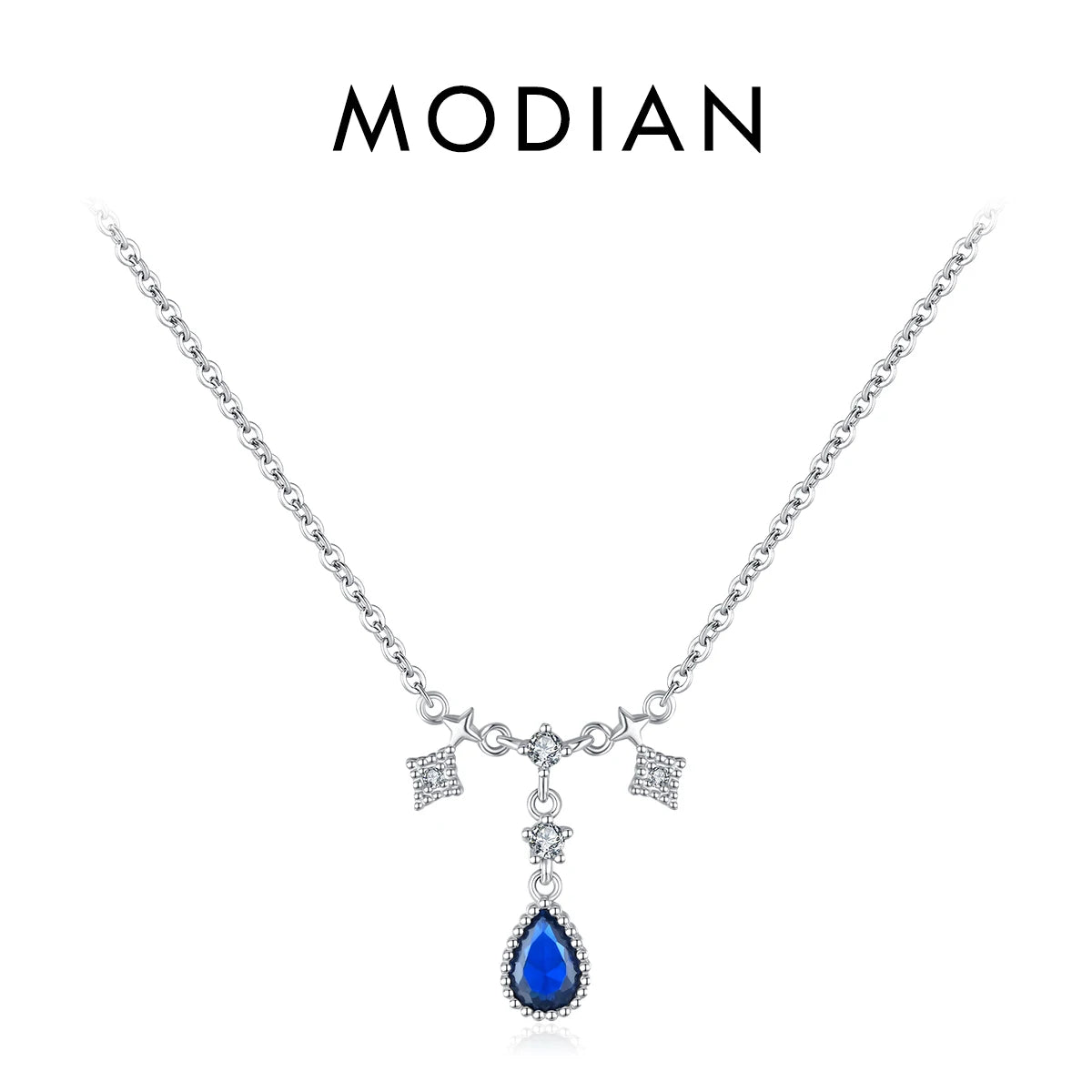 Collar con colgante de gota de agua de lujo MODIAN de plata de ley 925 con circonita azul y roja, cadena de eslabones clásica para mujer, joyería de boda