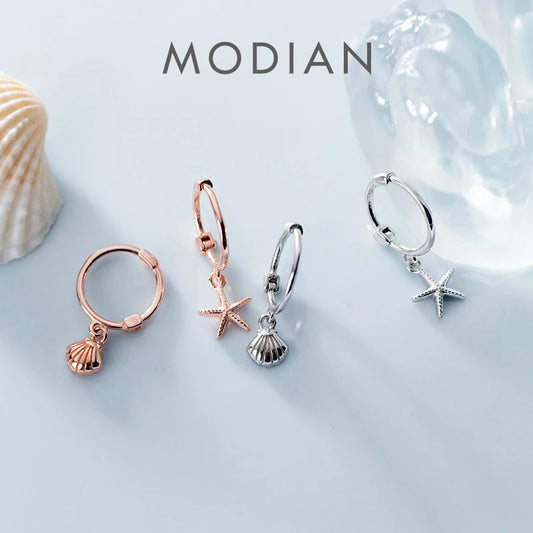 Nuevos pendientes de aro asimétricos Modian de plata de ley 925 con forma de estrella de mar y concha para mujer, pendientes de boda sencillos, joyería fina, regalo