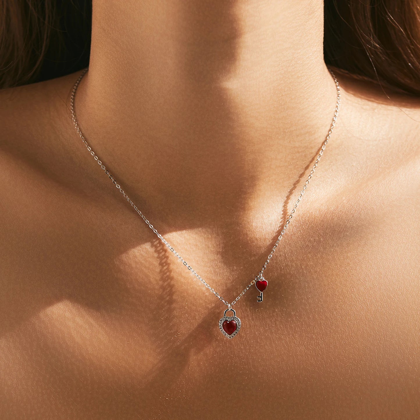 MODIAN Romantic Heart Lock Key Necklace 925 Sterling Silver Red Zirconia Link Chain Pendant Necklace For Women Fine Jewelry