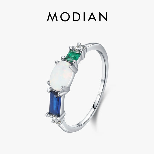 Anillo de lujo MODIAN de plata de ley 925 con ópalo y circonitas de colores, chapado en platino, apilable, moderno, para mujer