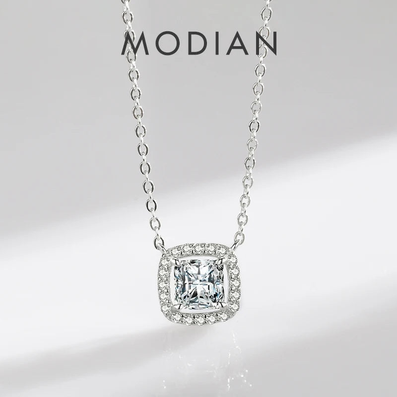 Modian Real 925 Sterling Silver Exquisite Square Shiny Zirconia Pendant Clear CZ Chain Necklace for Women Wedding Fine Jewelry