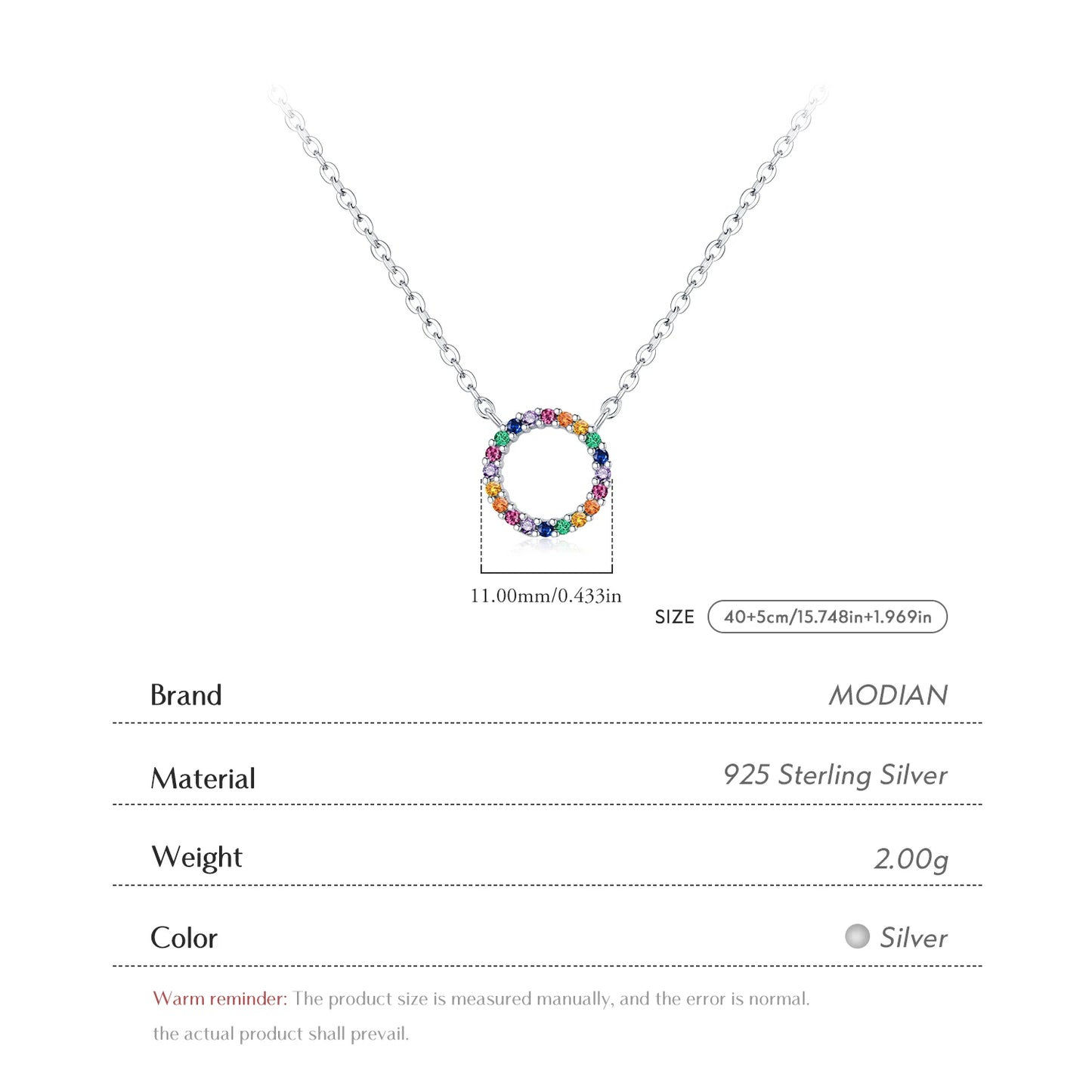 MODIAN 925 Sterling Silver Daily Wear Link Chain Necklace Colorful CZ Circle Simple Pendant Necklaces For Women Fine Jewelry