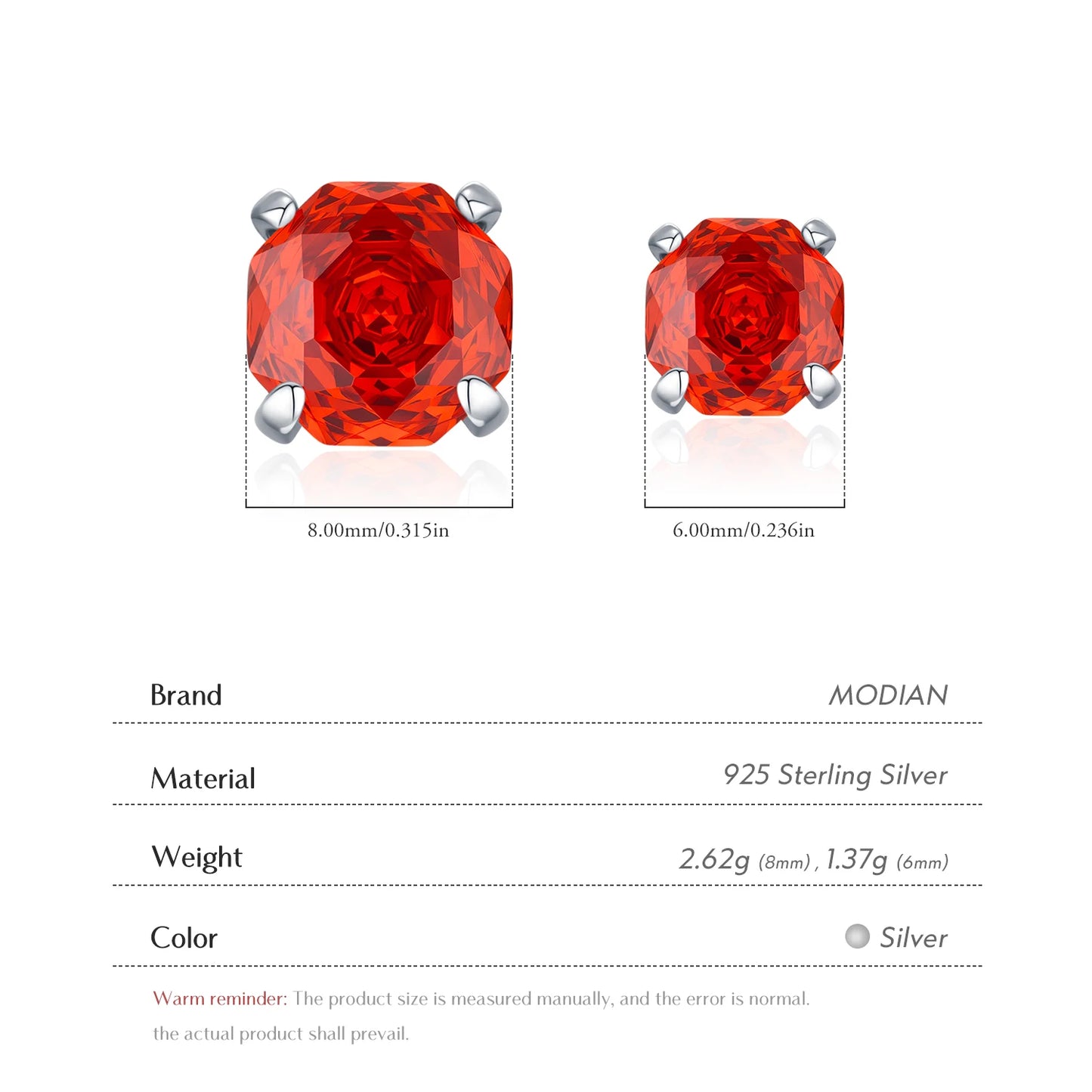 MODIAN 925 Sterling Silver Delicate Unisex Octagon Ear Stud Red Rose Cut Red CZ Stud Earrings For Women Fine Jewelry