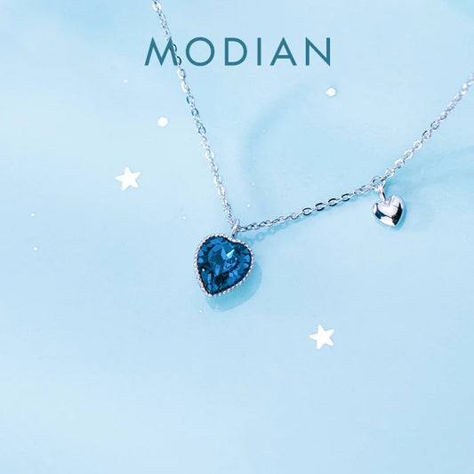 Collar con colgante de plata de ley 925 auténtica con corazones románticos de cristal azul profundo de Modian para mujer, joyería fina, regalo para novias.