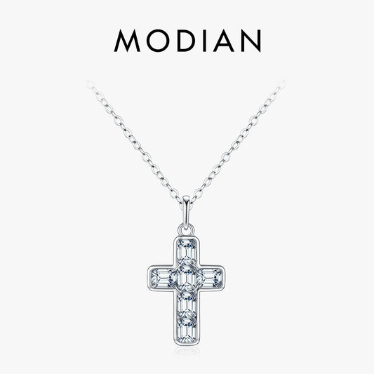 MODIAN 925 Sterling Silver Sweet Cool Cross Link Chain Necklace Emerald Cut CZ Pendant Necklace For Women Fine Jewelry Gift