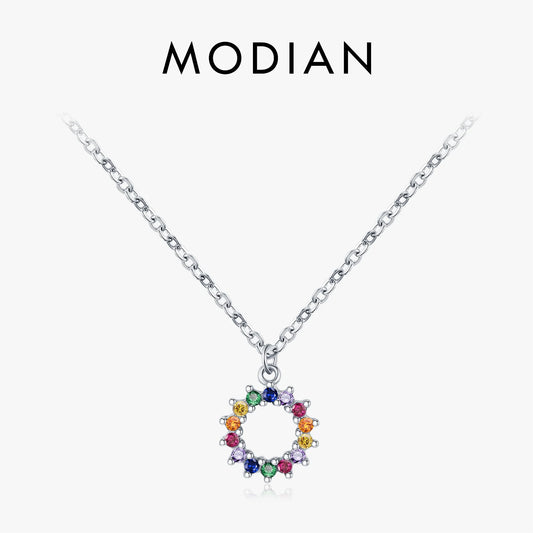 MODIAN 925 Sterling Silver Sparkling Round CZ Necklace Rainbow Color Sun Pendant Necklaces For Women Daily Fine Jewelry