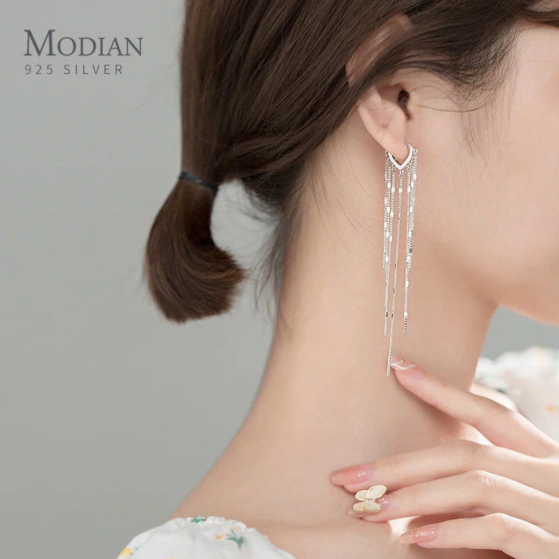 Modian Real 925 Sterling Silver Long Tassel Sparkling Trendy Drop Earrings for Women Dangle Earrings Fine Jewelry Wedding Gift