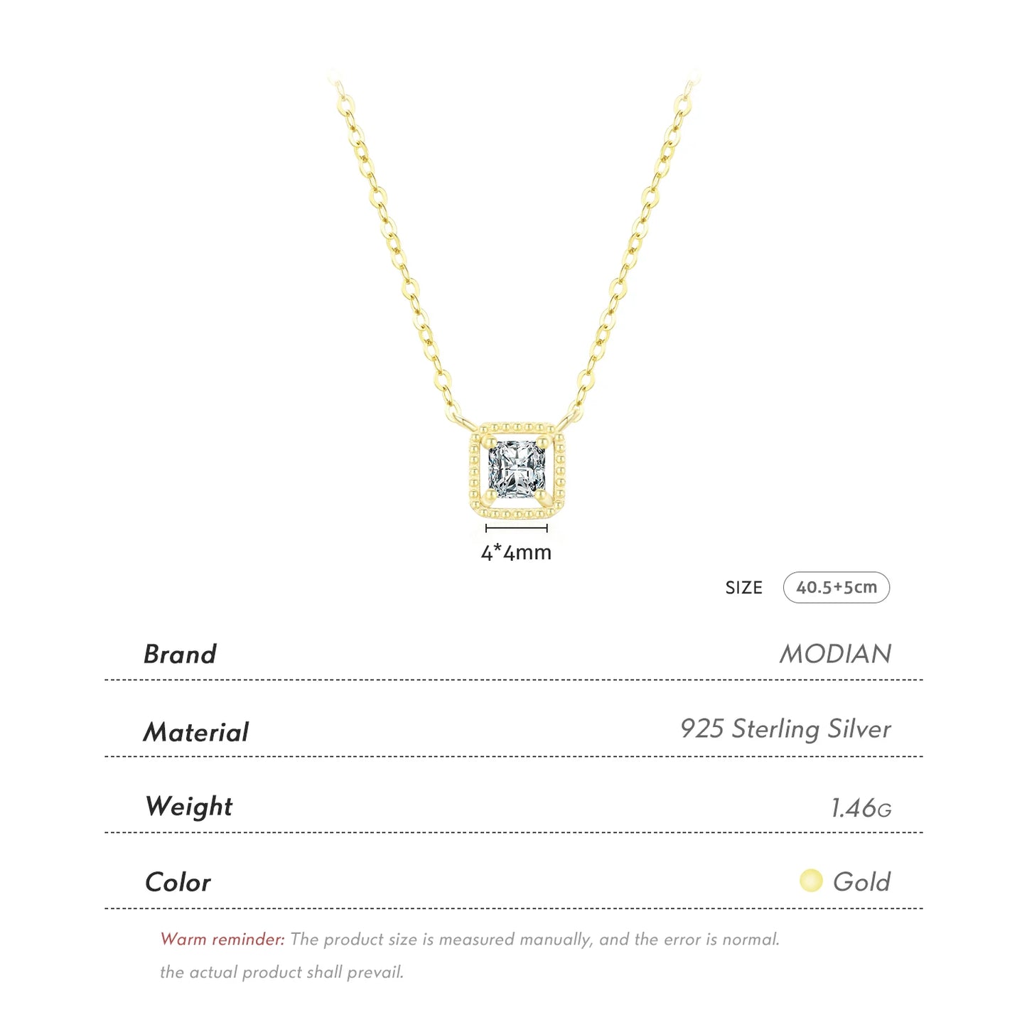 MODIAN 925 Sterling Silver Simple High Quality Square Zirconia Necklace Pendant Trendy Gold Color Link Chain For Women Jewelry