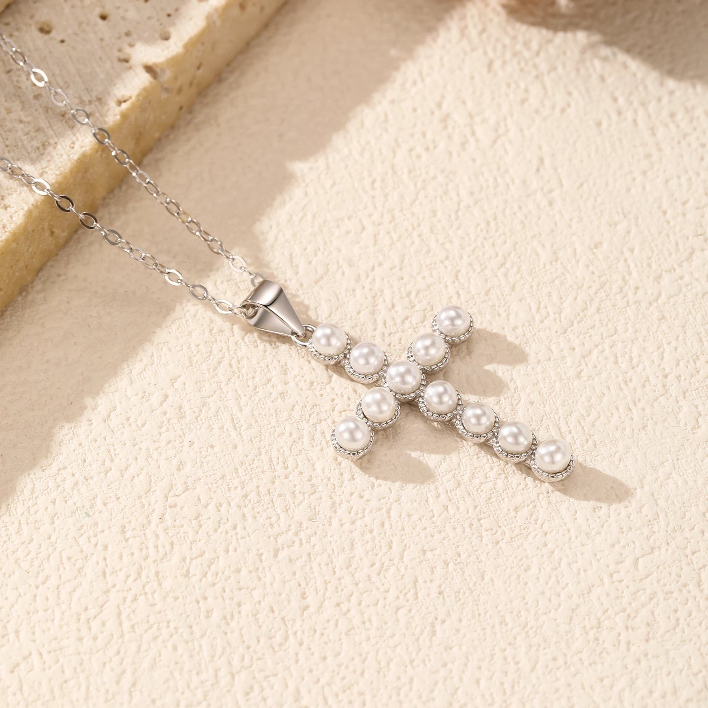 MODIAN 925 Sterling Silver Fancy Elegant Simulated Pearls Cross Pendant Necklace For Women Anniversary Fine Jewelry Gifts