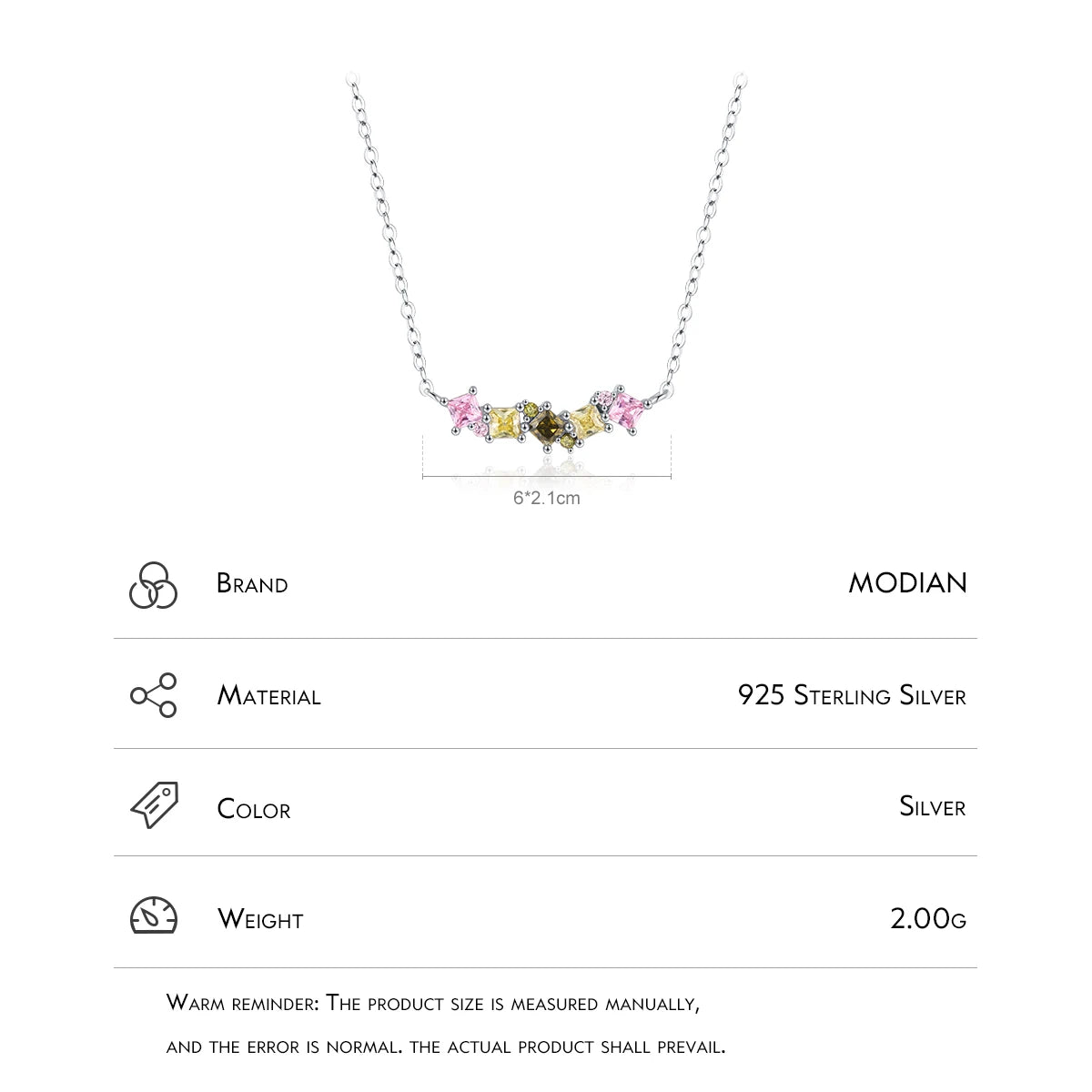 MODIAN 925 Sterling Silver Rainbow Candy Square Zirconia Pendant Necklace Trendy Link Chain For Women Party Fine Jewelry Gifts