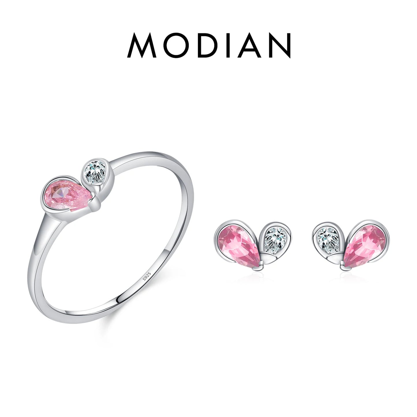 Conjunto de joyas MODIAN de plata de ley 925 con pequeños corazones románticos de circonita azul y rosa para mujer, anillos y pendientes de moda.