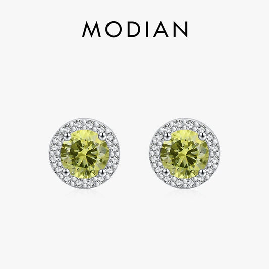 Modian 925 Sterling Silver Round Shape Green Zirconia Stud Earrings For Women Classic Luxury Wedding Statement Fine Jewelry Gift