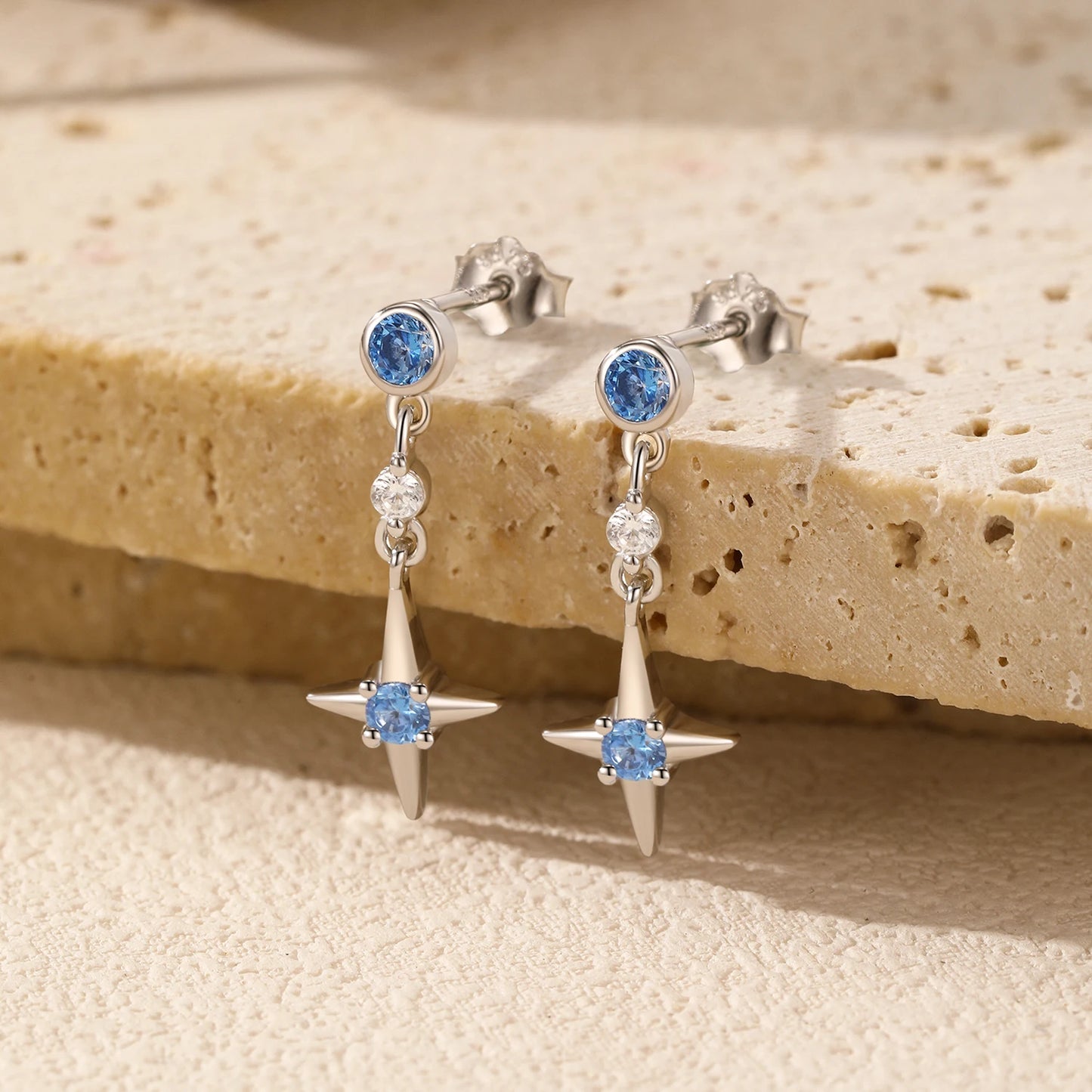 Pendientes MODIAN de plata de ley 925 con circonitas azules y estrellas brillantes para mujer, joyería fina