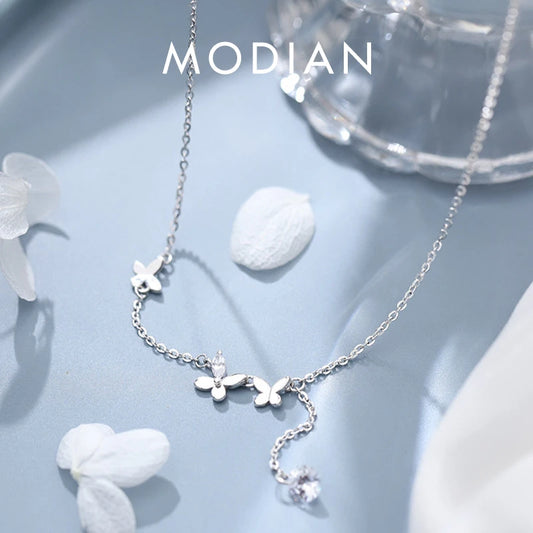 Collar Modian con cadena de eslabones de plata de ley 925 con circonitas y borlas de mariposa danzante para mujer, joyería fina
