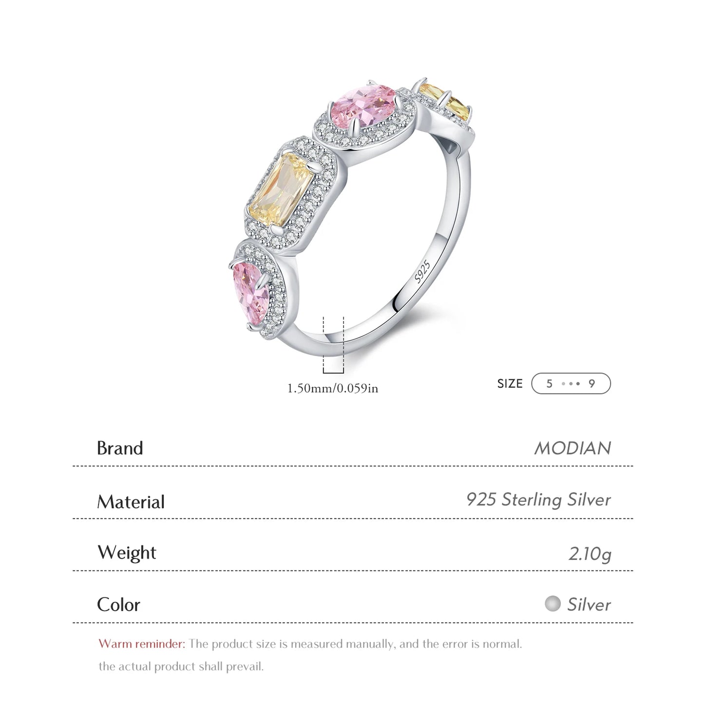 MODIAN 925 Sterling Silver Luxury Rectangle Pink & Yellow Ring Exquisite Sugar Cube Eternity Band Rings For Women Fine Jewelry