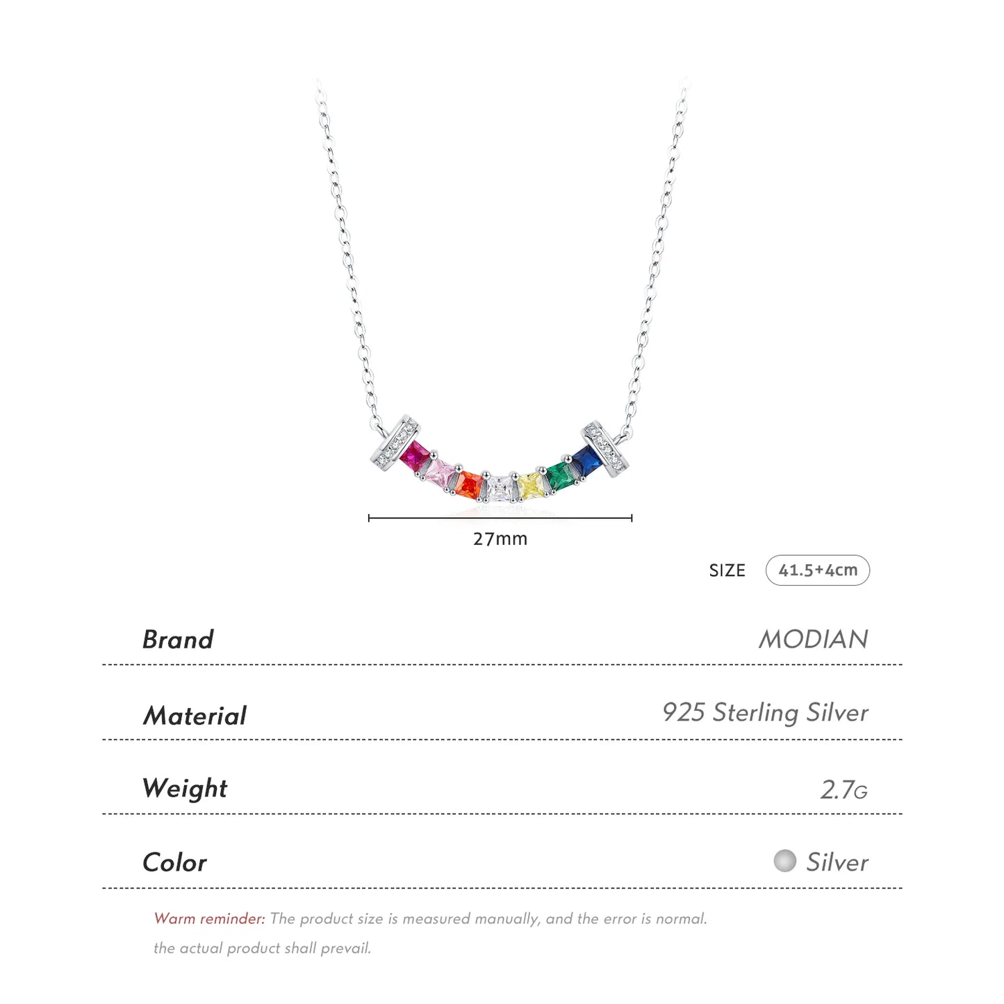 Collar con colgante de circonitas coloridas de arcoíris con forma de sonrisa cuadrada de plata de ley 925 de MODIAN, cadena de cuello de moda para mujer, joyería fina