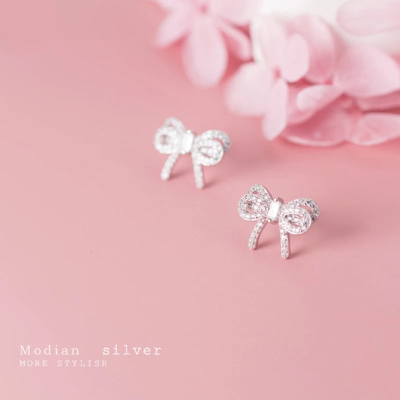 MODIAN Radiant Clear CZ Cute Bowknot Luxury Stud Earring for Women 925 Sterling Silver Wedding Engagement Ear Pin Fine Jewelry