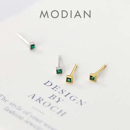 Pendientes Modian de plata de ley 925 auténtica con cristales verdes cuadrados para mujer, pequeños pendientes de boda, joyería de compromiso para amantes.