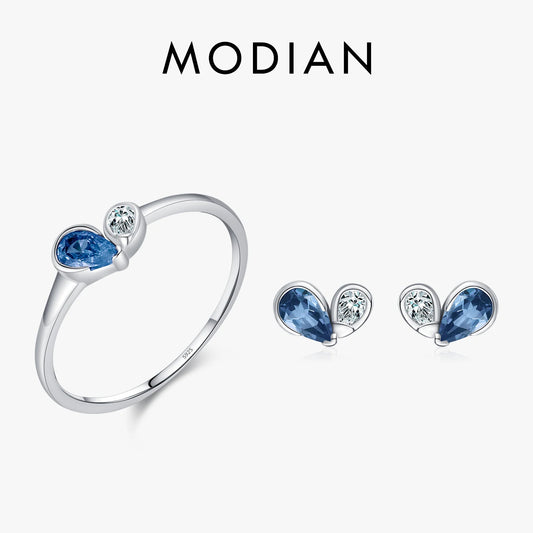 Conjunto de joyas MODIAN de plata de ley 925 con pequeños corazones románticos de circonita azul y rosa para mujer, anillos y pendientes de moda.