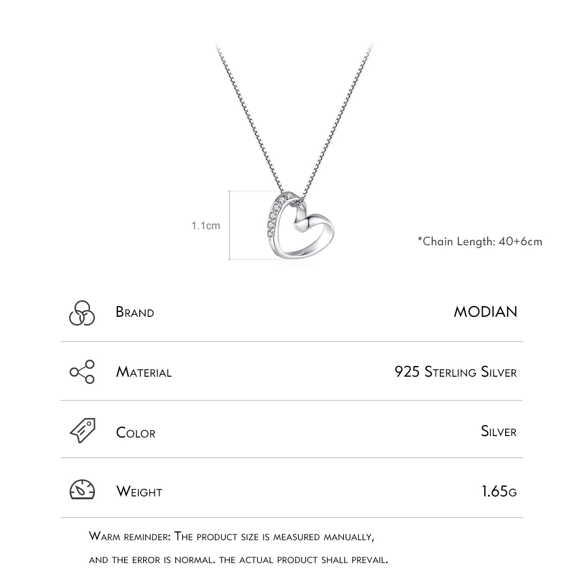 MODIAN Real 925 Sterling Silver Romantic Simple Heart Pendant Necklace Classic Link Chain Neck For Women Wedding Fine Jewelry