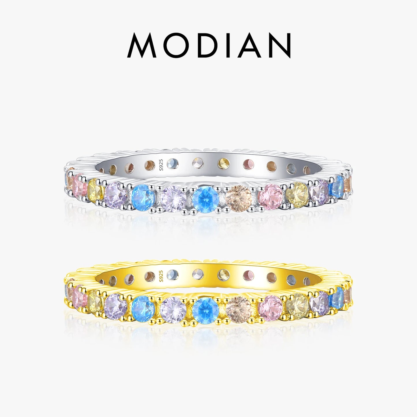 Anillo Modian de plata de ley 925 auténtica con cristales de color arcoíris y caramelo, clásico y exquisito, para mujer, joyería de compromiso y boda.