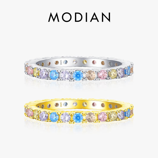 Anillo Modian de plata de ley 925 auténtica con cristales de color arcoíris y caramelo, clásico y exquisito, para mujer, joyería de compromiso y boda.