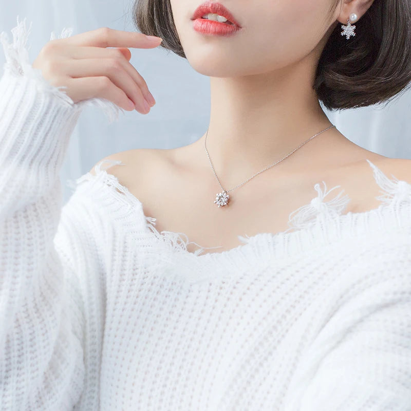 Modian Radiant Zircon Lovely Snowflake Adjustable Sterling Silver 925 Pendant Necklace for Women Fine Jewelry Christmas Gift