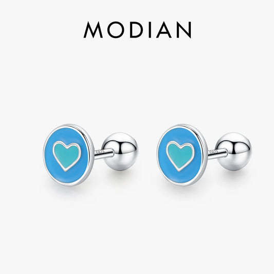 Pendientes Modian de plata de ley 925 con forma de corazón esmaltado, sencillos y redondos, con cuentas de rosca minimalistas, para mujer, joyería fina, regalos.