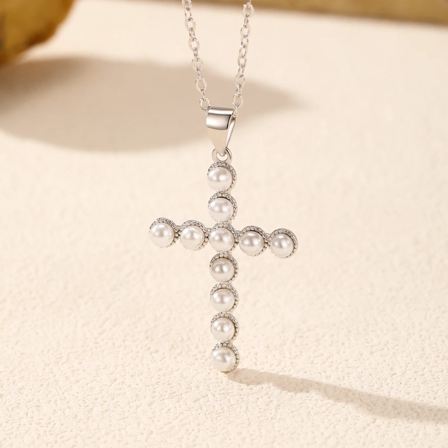 MODIAN 925 Sterling Silver Fancy Elegant Simulated Pearls Cross Pendant Necklace For Women Anniversary Fine Jewelry Gifts