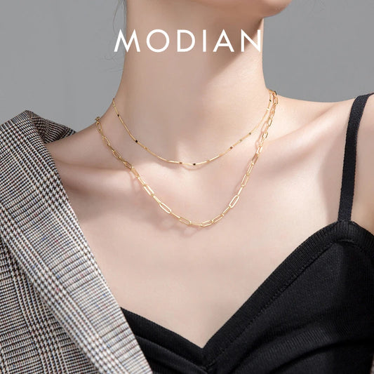 Collar de cadena de eslabones geométricos de doble capa de plata esterlina 925 de Modian Classic Fashion para mujer, accesorios de joyería fina para fiestas