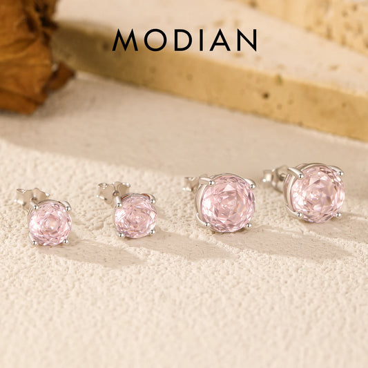 MODIAN 925 Sterling Silver Daily Wear Ear Stud Charming Light Pink Rose Cut Zircon Stud Earrings For Women Fine Jewelry