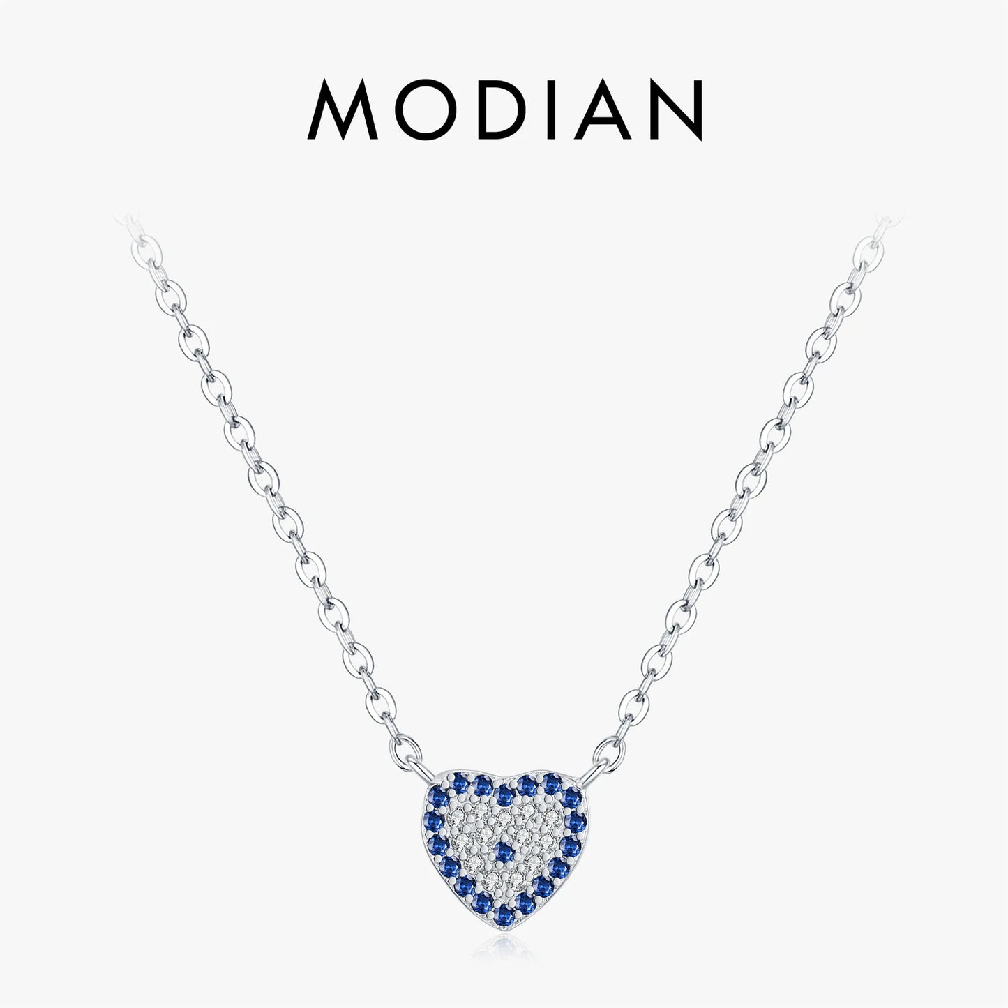 MODIAN 925 Sterling Silver Basis Hearts Blue Zirconia Pendant Necklace Fashion Stackable Link Chain Jewelry For Women Gifts