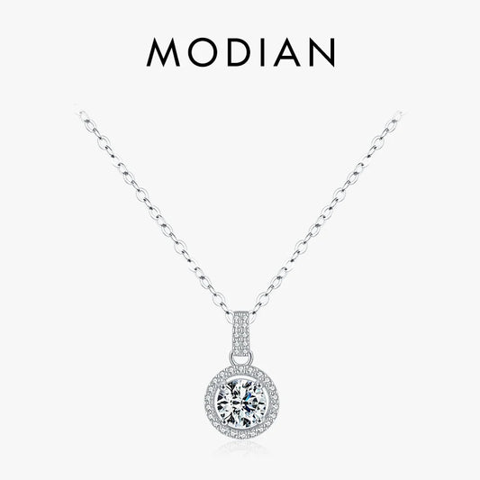Collar con colgante de circonita cúbica redonda Modian de plata de ley 925 con baño de platino, joyería clásica para mujer, regalo de boda.