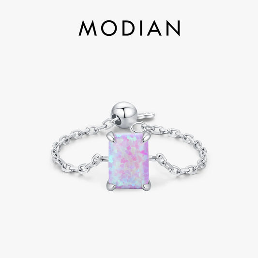 Anillo ajustable de ópalo morado de plata esterlina 925 de Modian, moderno anillo de cadena de eslabones rectangulares para mujer, joyería fina de moda.