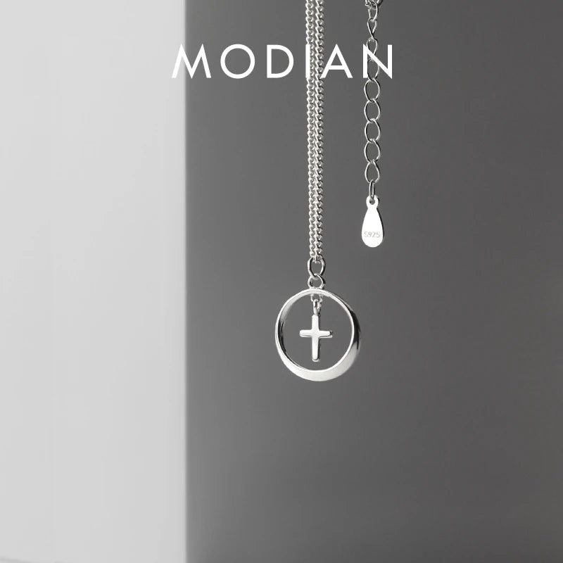 Modian New Fashion Mini Cross Geometric Round 925 Sterling Silver Pendant for Women Link Chain Adjustable Necklace Fine Jewelry