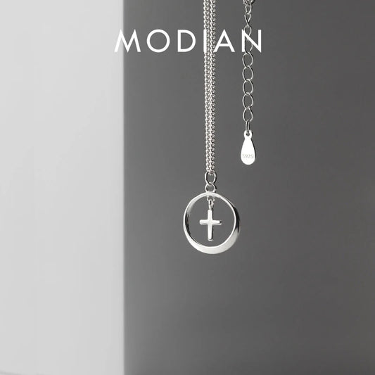 Modian New Fashion Mini Cross Geometric Round 925 Sterling Silver Pendant for Women Link Chain Adjustable Necklace Fine Jewelry