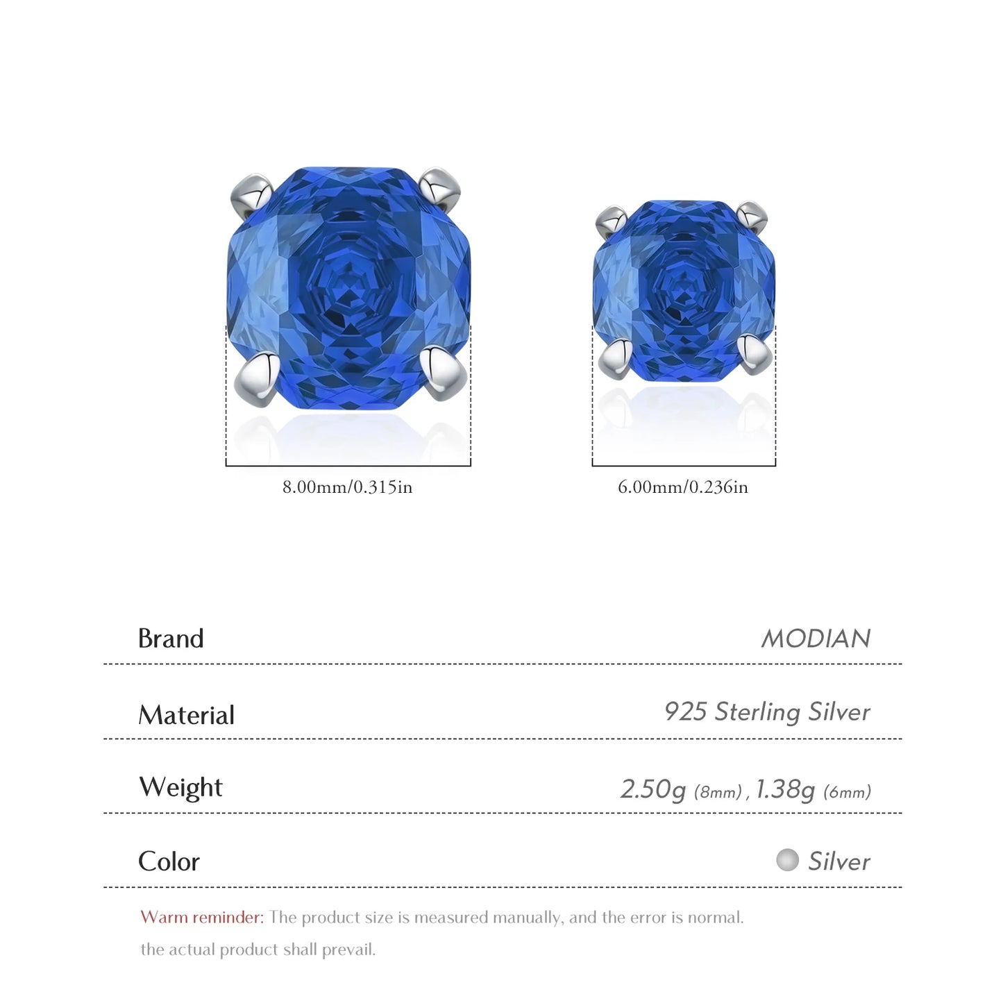 MODIAN 925 Sterling Silver High-end Unisex Royal Blue Rose Cut CZ Octagon Stud Earrings For Women And Men Fine Jewelry