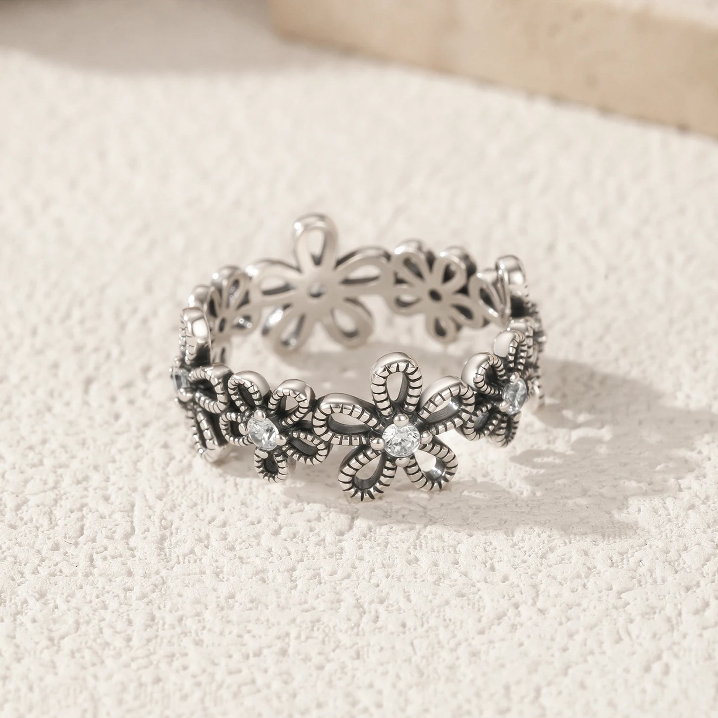 MODIAN 925 Sterling Silver Vintage Hollow Small Flower Sparkling Zirconia Eternity Band Rings For Women Fine Jewelry