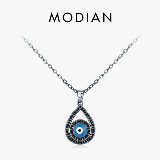MODIAN 925 Sterling Silver Black Zirconia Necklace Lovely Water Drop Enamel Eyes Pendant Necklace For Women Fine Jewelry
