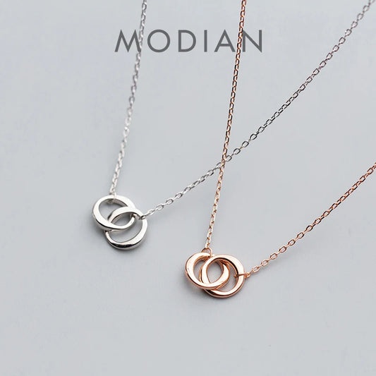 Modian New Irregular Geometric Round Interlock Sterling Silver 925 Pendant Necklace for Women Link Chain Fine Jewely Girl Gift
