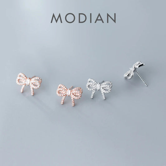 MODIAN Radiant Clear CZ Cute Bowknot Luxury Stud Earring for Women 925 Sterling Silver Wedding Engagement Ear Pin Fine Jewelry